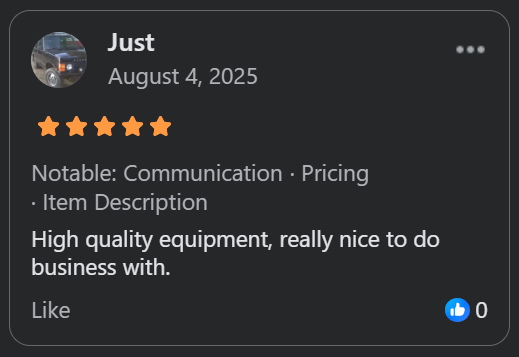 Social media review post with five-star rating and positive message about high quality equipment for business.