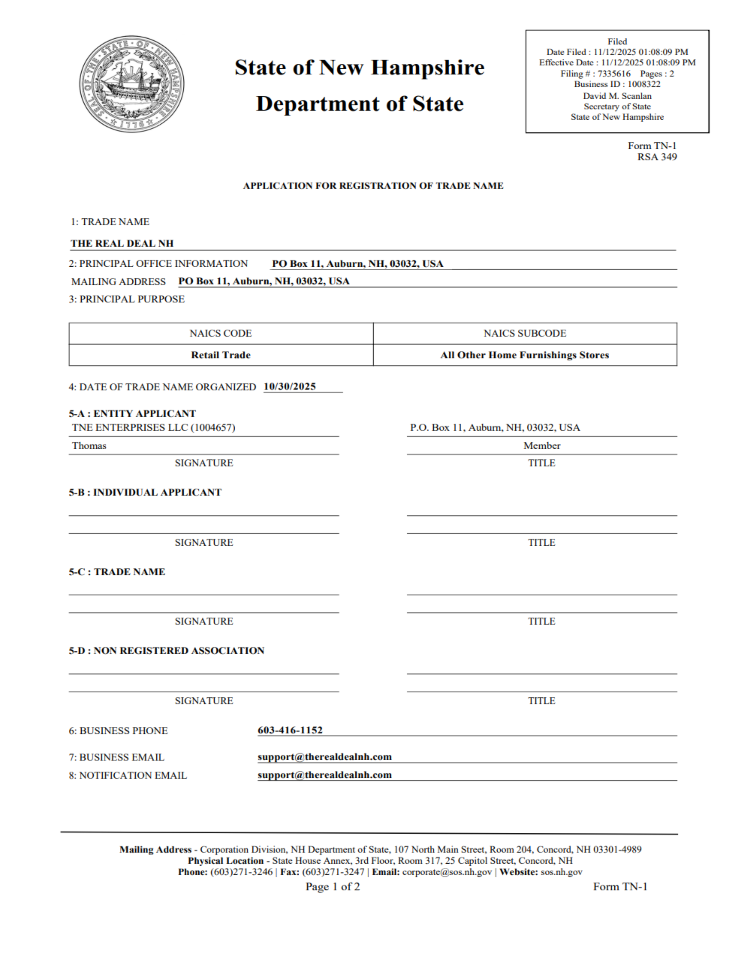 A legal document from the New Hampshire Department of State titled 'Application for Registration of Trade Name' with details such as trade name 'The Real Deal NH,' principal office in Auburn, NH, and organized date 10/30/2025.
