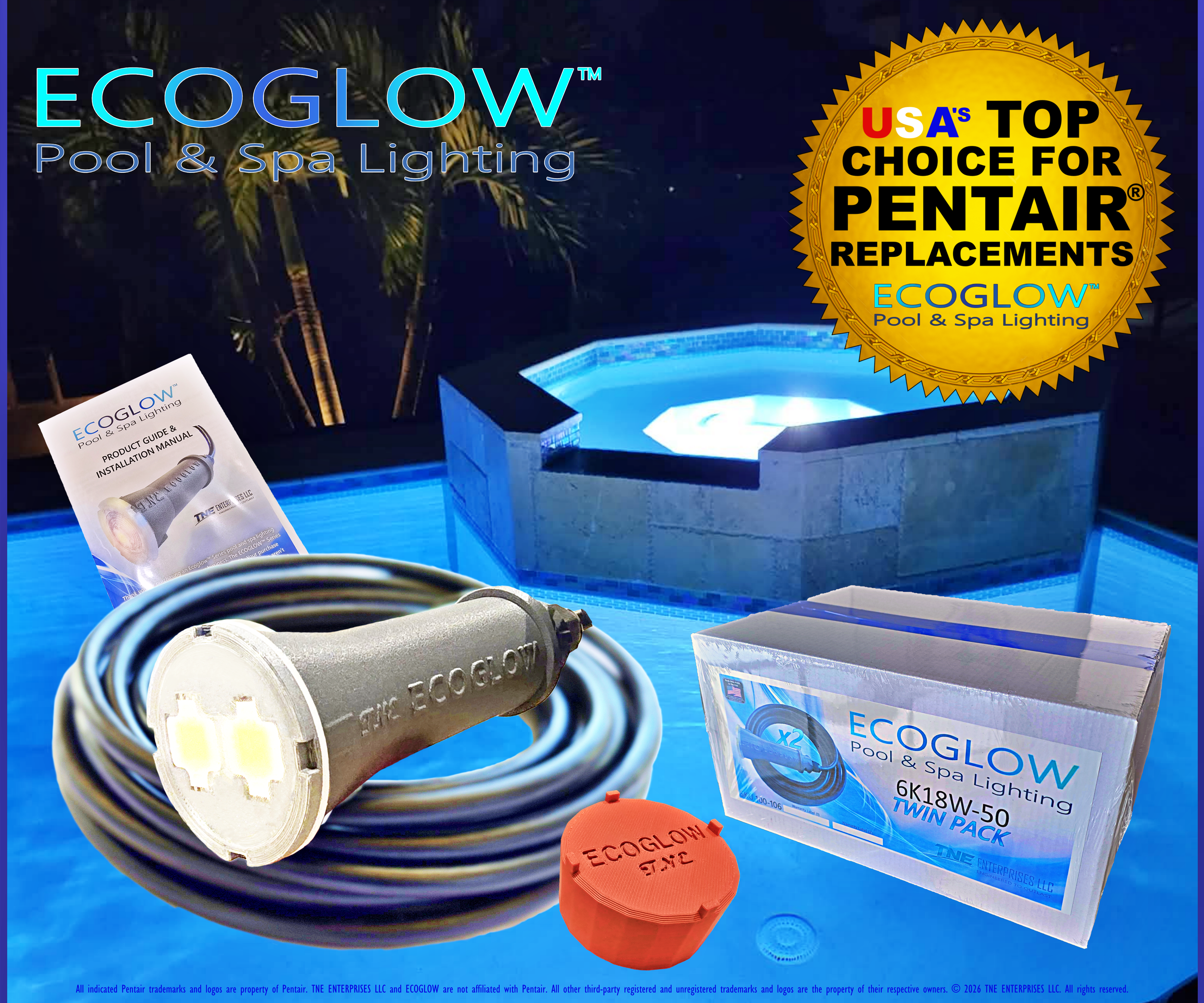 TNE ECOGLOW™ 12V, 18W Premium Pool Light (Pentair® GloBrite® Upgrade)