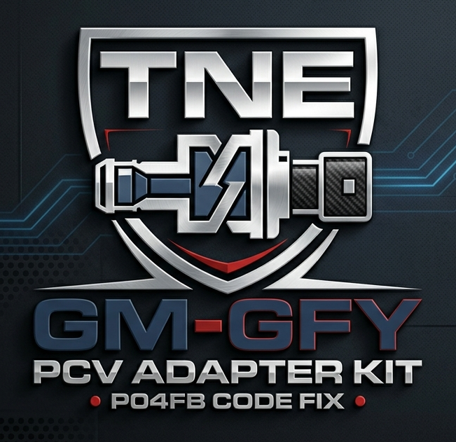 Logo with a shield emblem, the letters TNE at the top, a wrench and electric plug illustration, and text that reads "GM-GFY PCV Adapter Kit P04FB Code Fix" in a dark, tech-themed background.