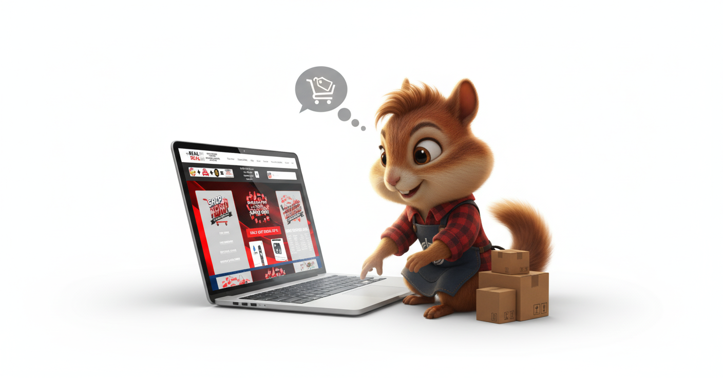 Cartoon squirrel wearing a checkered shirt and apron sitting next to a laptop with a shopping website open, surrounded by cardboard boxes, with a thought bubble showing a shopping cart icon.