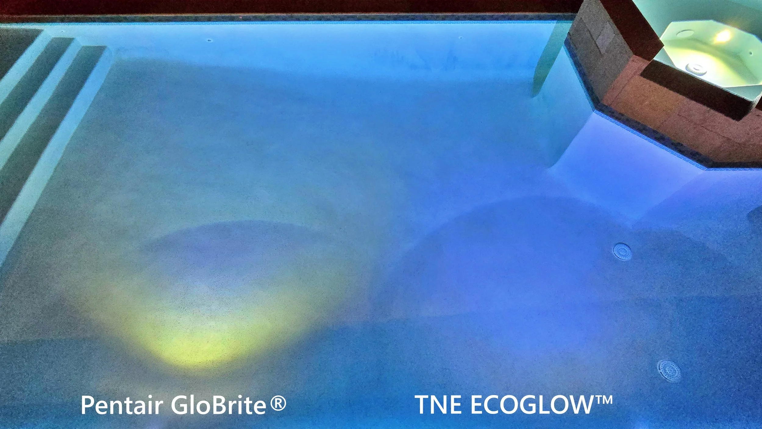 The photo shows indoor swimming pool lighting. There are swim stairs on the left and a hot tub in the top right corner. The pool and hot tub area have modern design elements. There is text overlayed on the image that reads: 'Pentair GloBrite®' and 'TNE ECOGLOW™'.