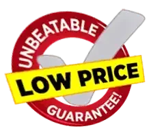 Unbeatable low price guarantee badge with red circle, yellow banner, and checkmark.