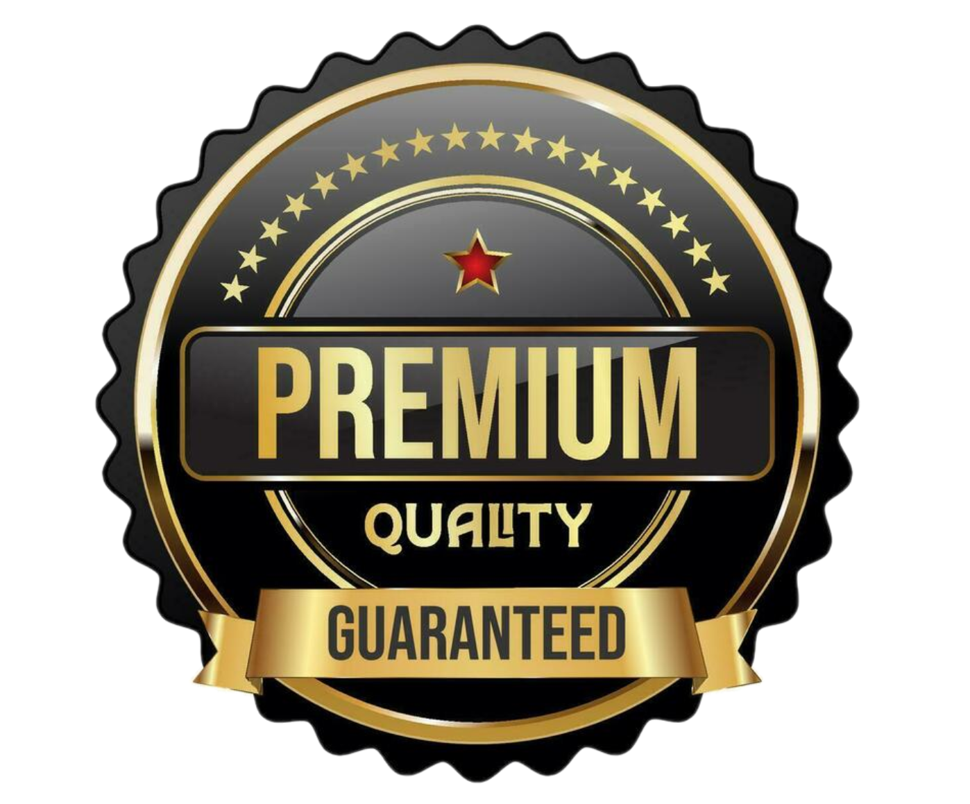 Golden and black badge with stars, featuring the words 'Premium Quality Guaranteed'.