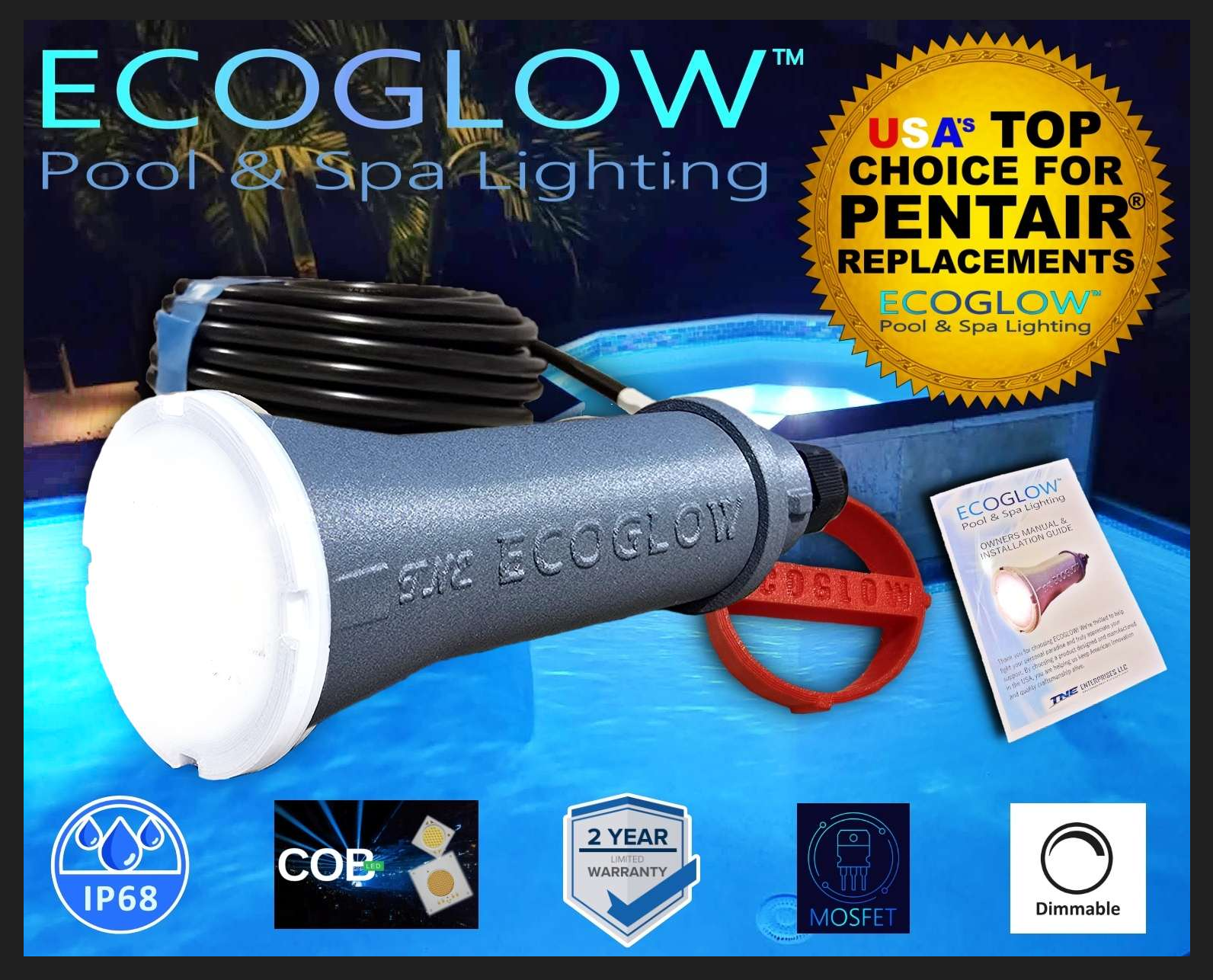 30ft ECOGLOW Premium Pentair Globrite Replacement Pool light. 6K18W-30