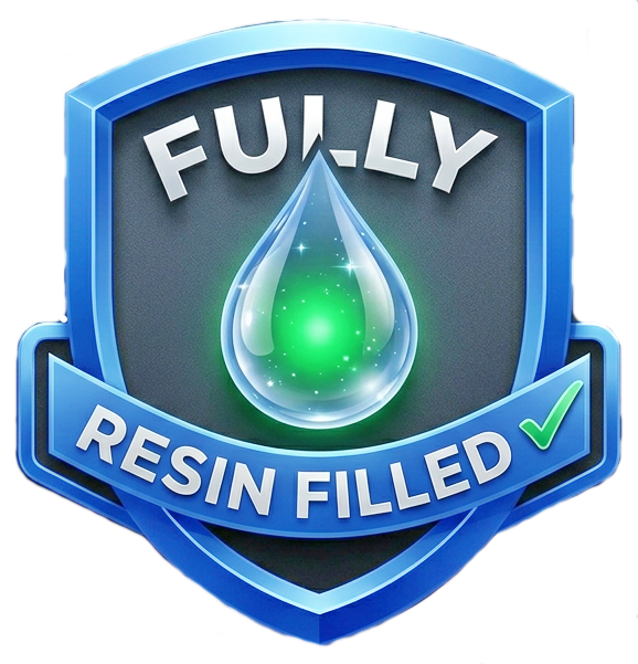A badge with a blue shield shape, a water droplet in the center emitting a green glow, and the words 'Fully Resin Filled' with a green checkmark.