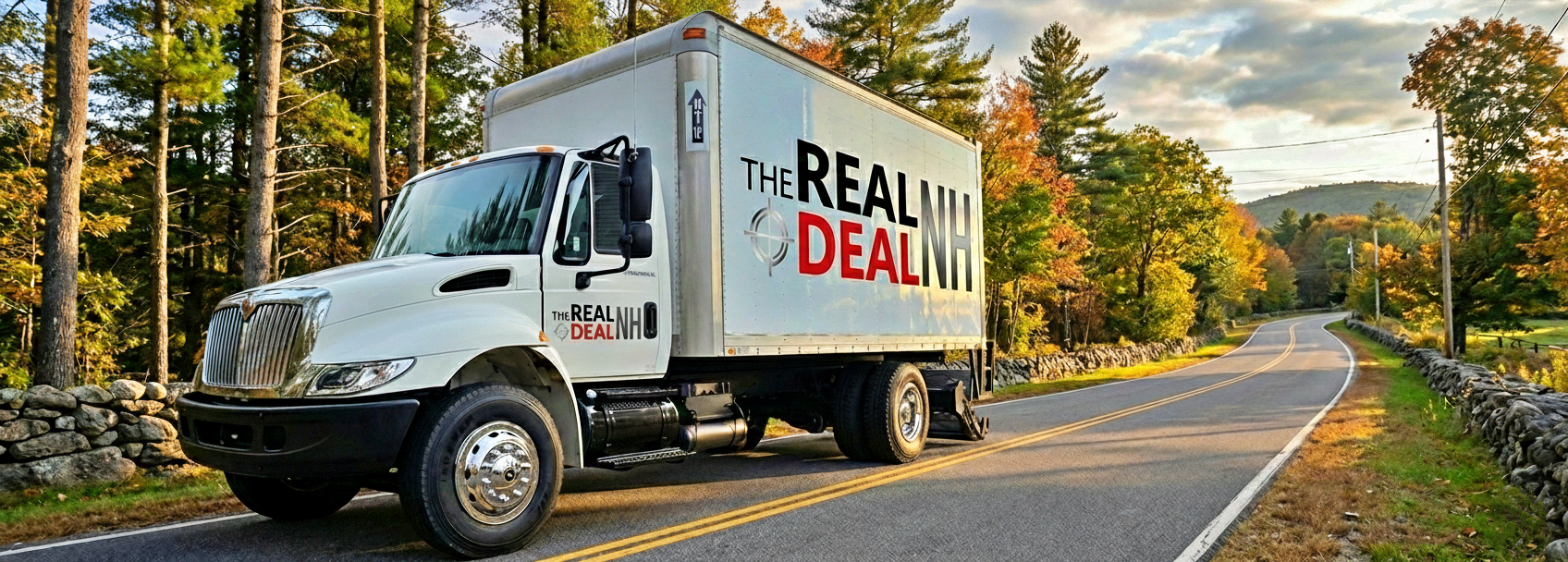 A white delivery truck with the logo 'The Real NH Deal' on its side parked on a rural road with trees and a stone wall.