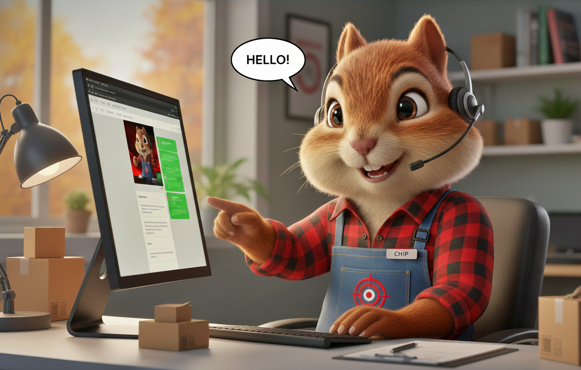 An animated chipmunk character with a headset, wearing a red and black plaid shirt and blue apron with a red target symbol, sitting at a desk with packages and a computer. The chipmunk is smiling, pointing at the computer screen, and saying 'HELLO!'