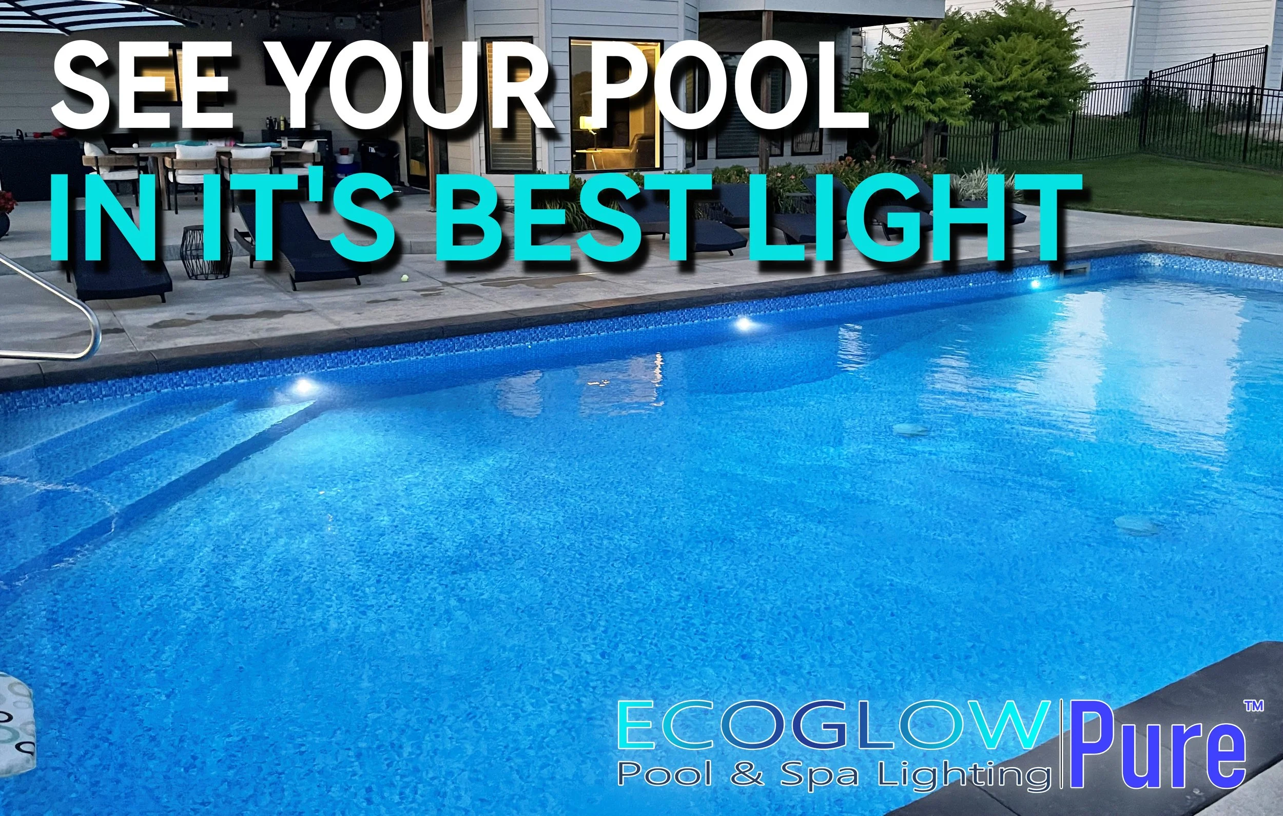A backyard with a swimming pool illuminated with pool lights, surrounded by outdoor furniture including lounge chairs and a dining table, with a house and landscaped area in the background. The image promotes pool and spa lighting services.