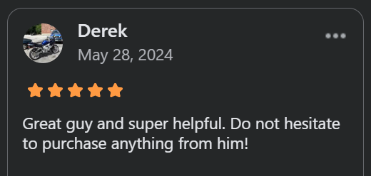 Online review from Derek with five stars, praising a helpful person and recommending purchasing from him.