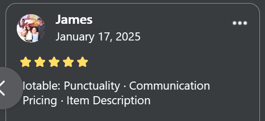 Screenshot of a Facebook review by James, dated January 17, 2025, with a five-star rating.