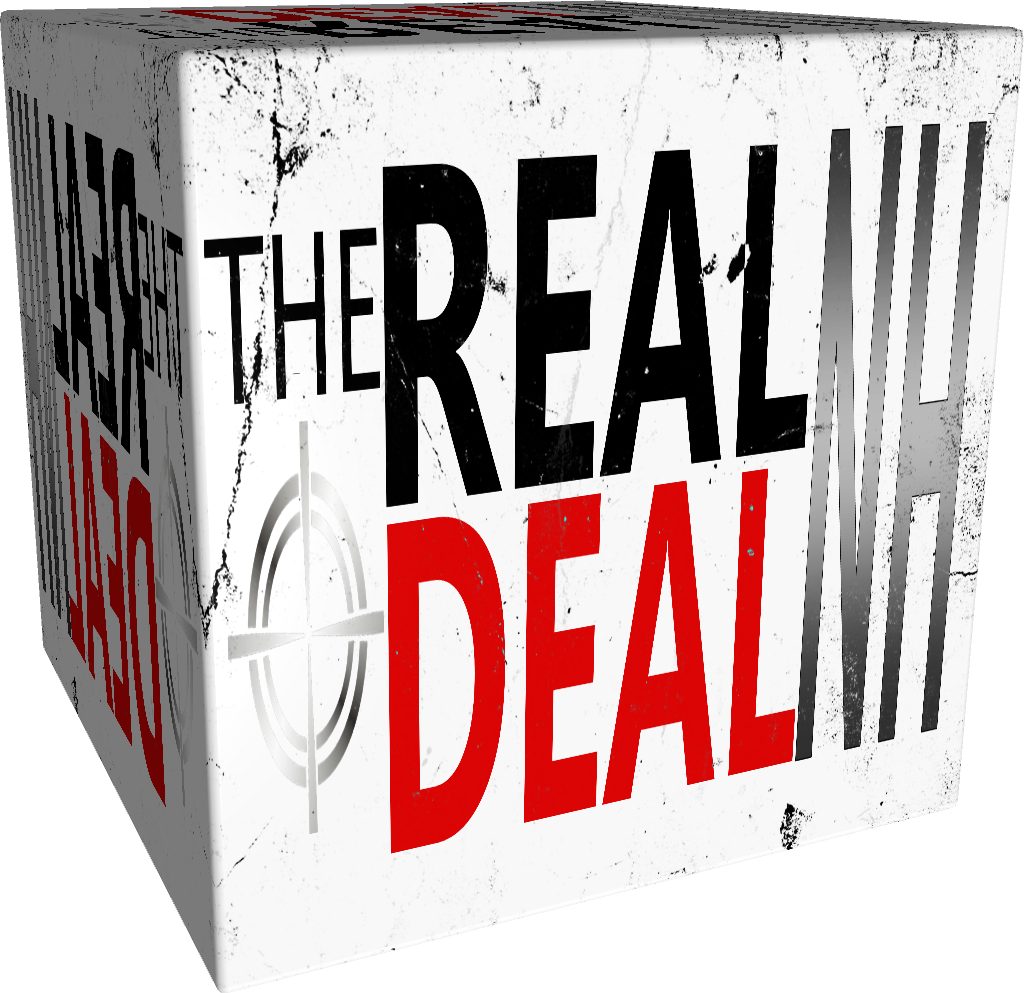 Box with the text "The Real Deal" in black and red, and a target symbol in the background, all with a distressed style.
