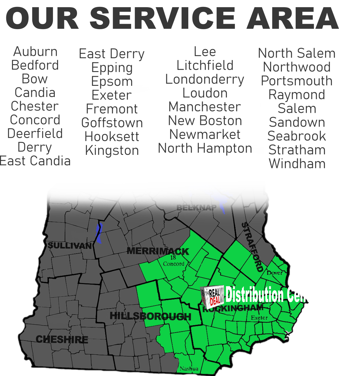 Map of New Hampshire counties with some in green to indicate the free delivery service area provided by the online retailer 'The Real Deal NH'. The physical 'Distribution Center' location is noted , with a small logo that says 'The Real Deal' on it.