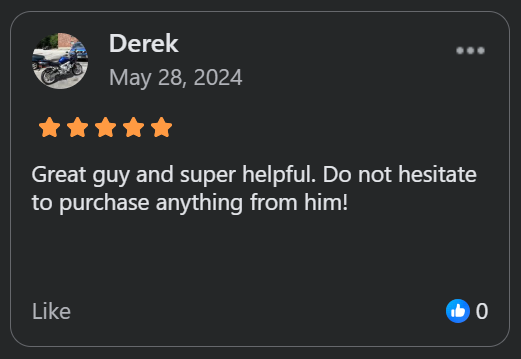 Screenshot of a Facebook review by Derek with five stars, praising a helpful and trustworthy person, dated May 28, 2024.