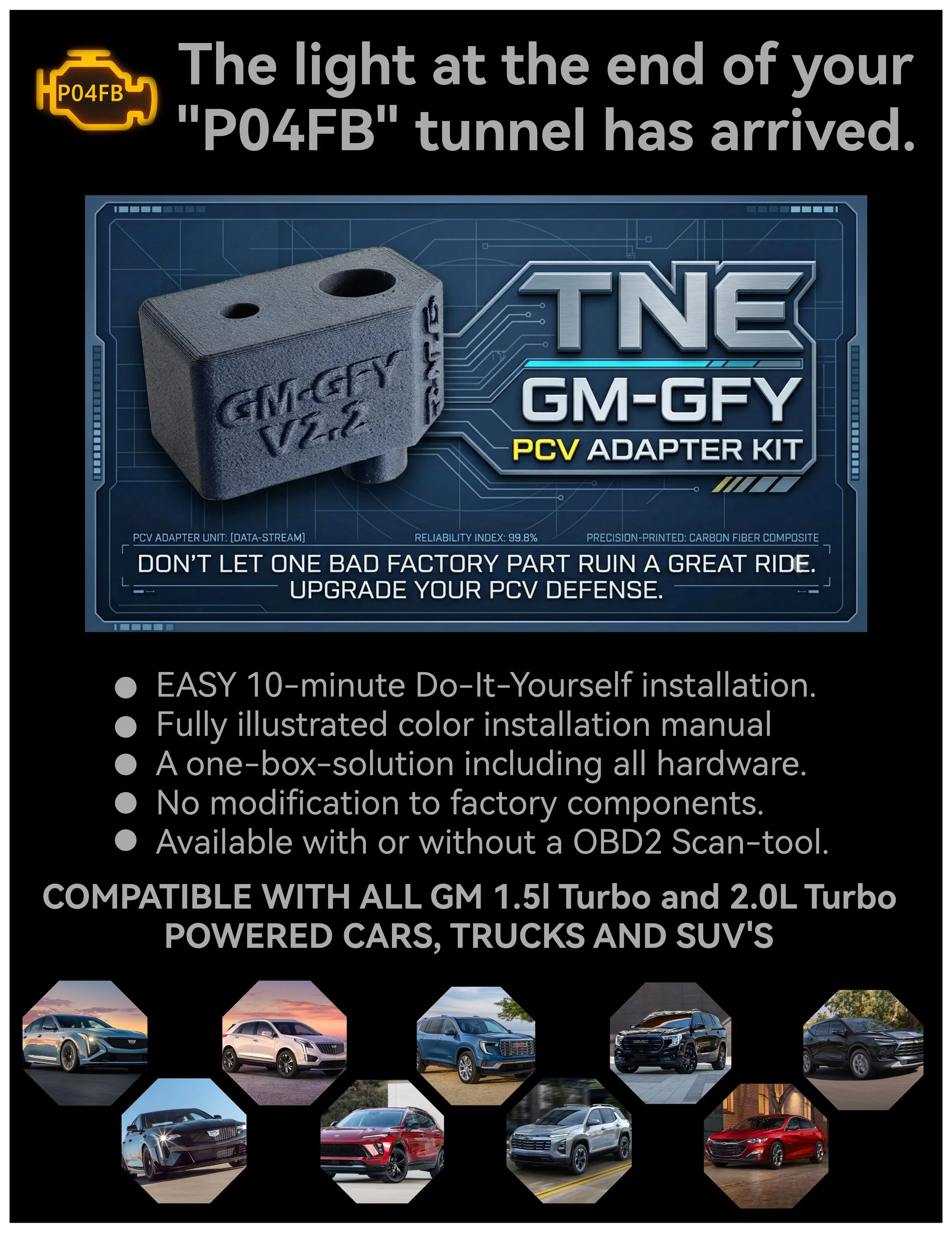 A promotional graphic for GM's GM-GFY PCV Adapter Kit. The image features a yellow alert icon with the label 'P04FB' and text indicating a vehicle check engine light alert. The graphic shows a 3D model of an adapter kit and highlights its features, compatibility with GM 1.5L and 2.0L Turbo eco system, and benefits like easy installation and a complete hardware solution. The lower part displays various GM SUVs and trucks.