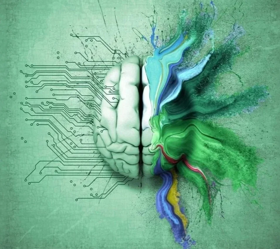Artistic drawing of a human brain, with the left side shown with circuit board traces, and the right side shown with splashes of colors from a green palette