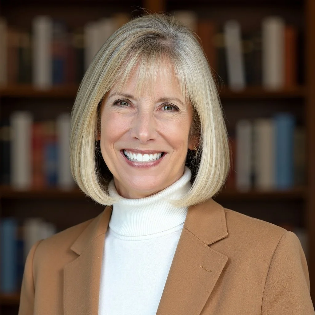 Joy Carol Young headshot with a white turtleneck and tan blazer