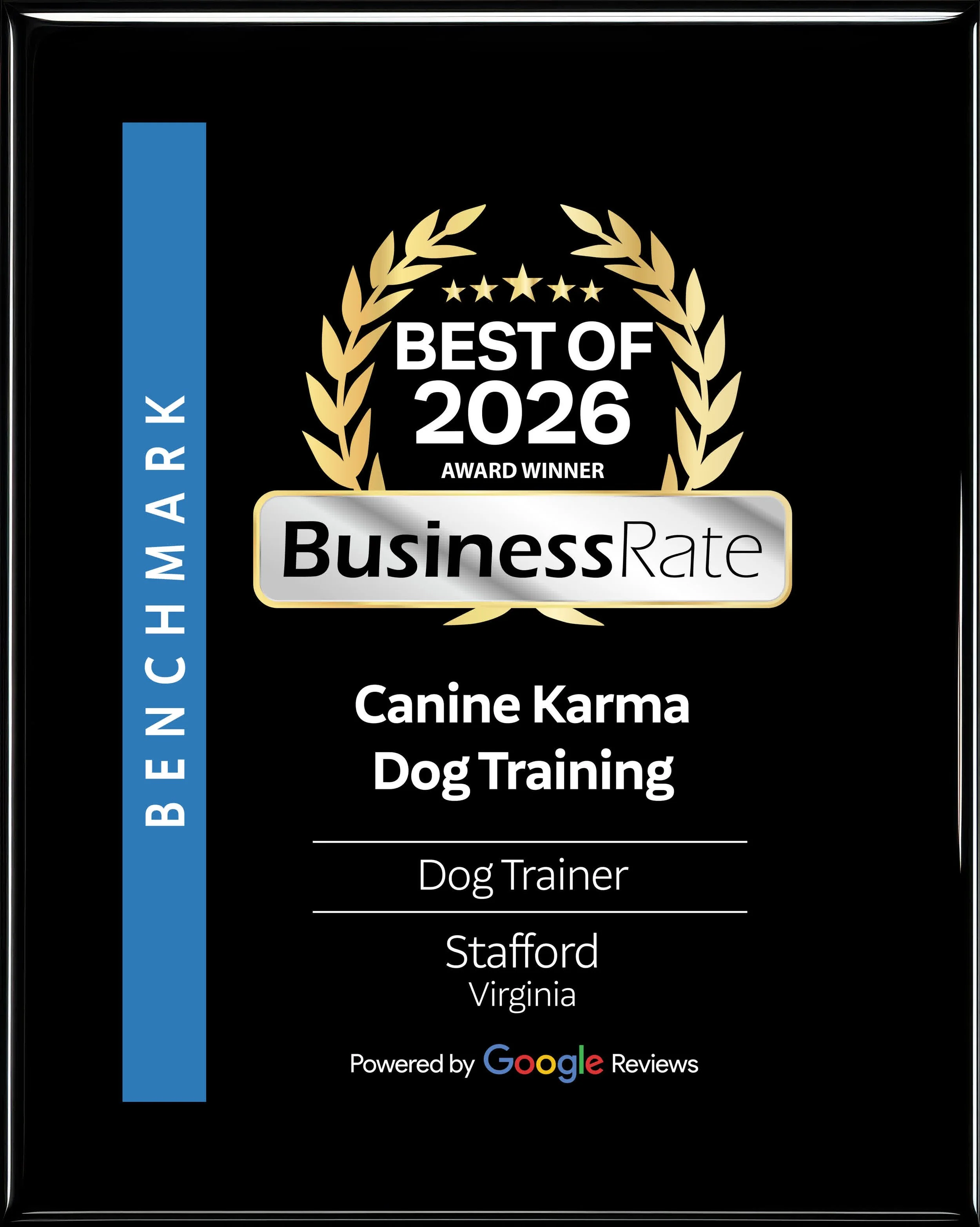 Canine Karma Training award plaque - Best Dog Trainers in Stafford, VA, recognized for professional dog training, obedience training, behavior modification, board and train programs, and puppy training in Stafford County, Virginia