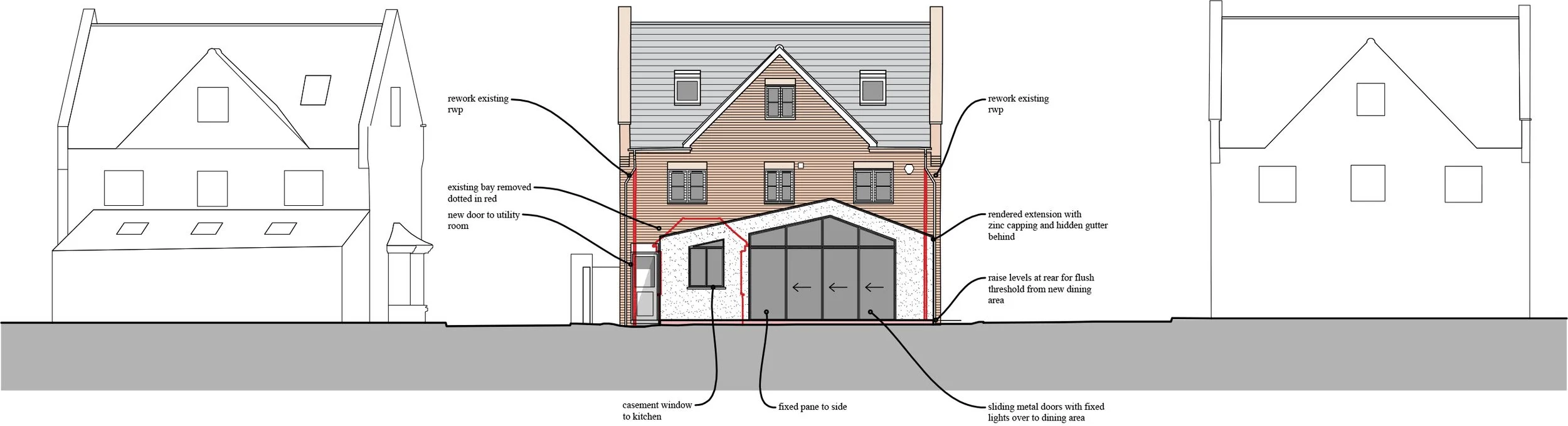 Architectural plan of a house extension showing rework of existing roof and structure, removal of existing bay, new door to utility room, rendering extension with zinc capping, raised levels at rear, and sliding metal doors with fixed lights over dining area.
