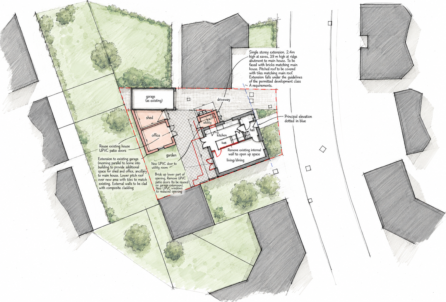 Hand-drawn house site plan showing a main house with an extension, garage, shed, and landscaped yard with trees. Includes notes on construction details and property boundaries.