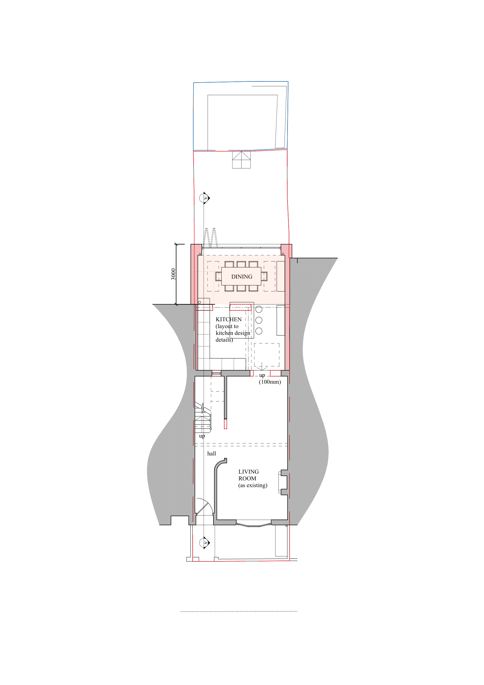 A detailed architectural floor plan of a house with residential rooms and annotations indicating construction features and modifications.