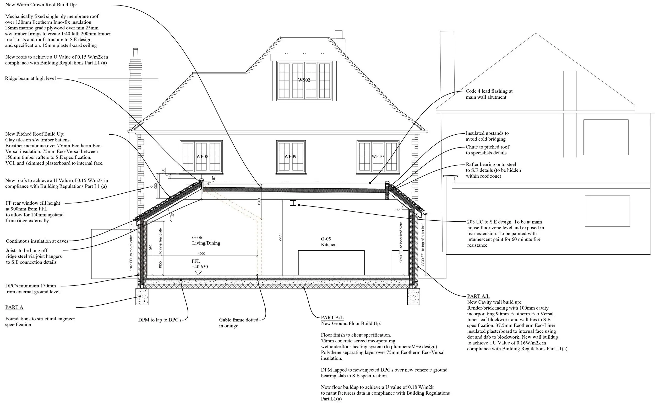 Architectural blueprint of a house with detailed annotations for construction, including roof, wall, window, and door specifications, and insulation details.