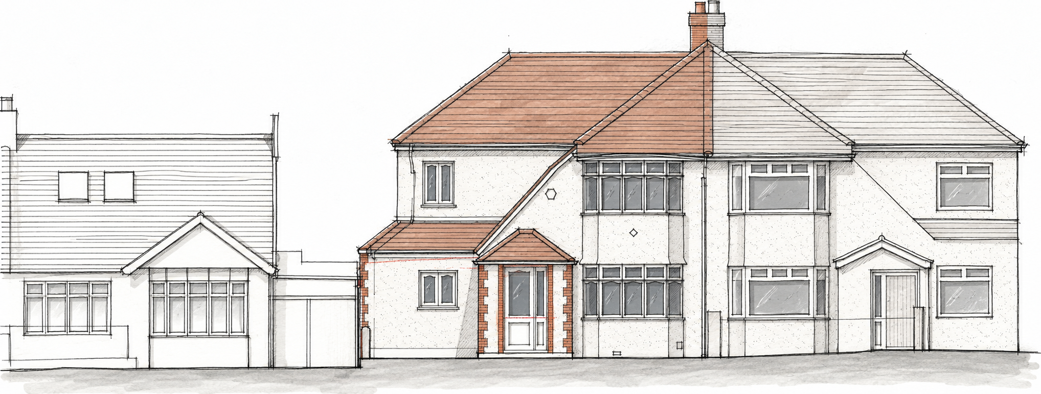 A detailed architectural drawing of a residential house with a two-story section, multiple windows, a small porch, and a multi-gabled roof with colored tiles.