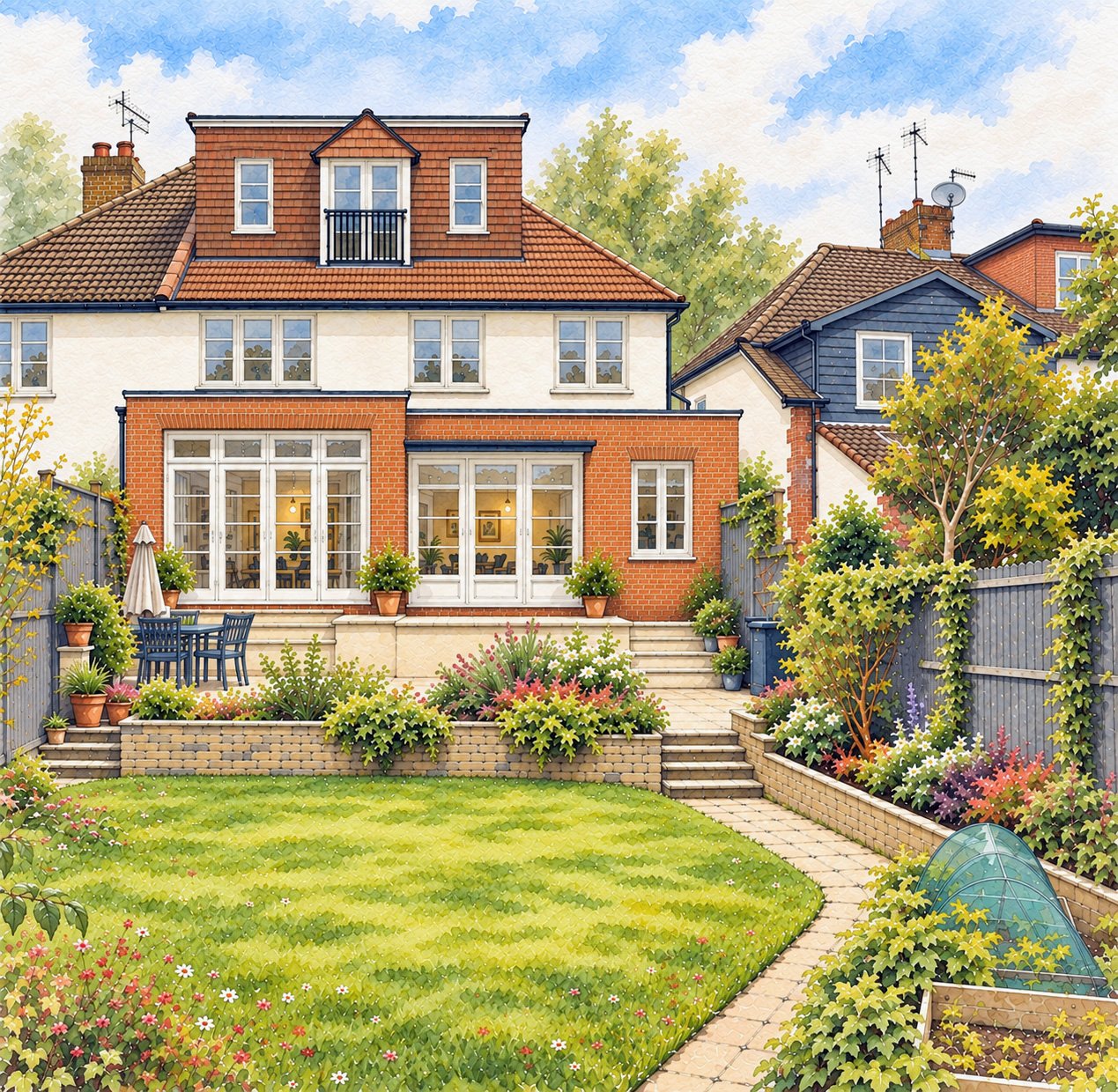 Colorful illustration of a backyard with a lawn, paved walkway, flower beds, potted plants, and outdoor furniture, with a two-story house featuring large windows and a brick exterior.