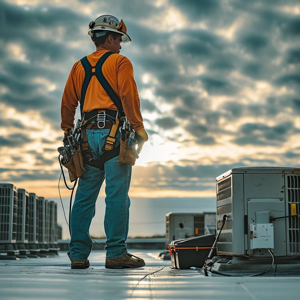 A worker on a rooftop wearing a safety harness and helmet, standing near air conditioning units during sunset.