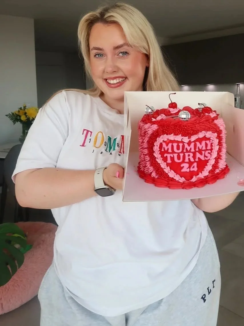 Red and pink shaggy cake featuring Charley Marlow