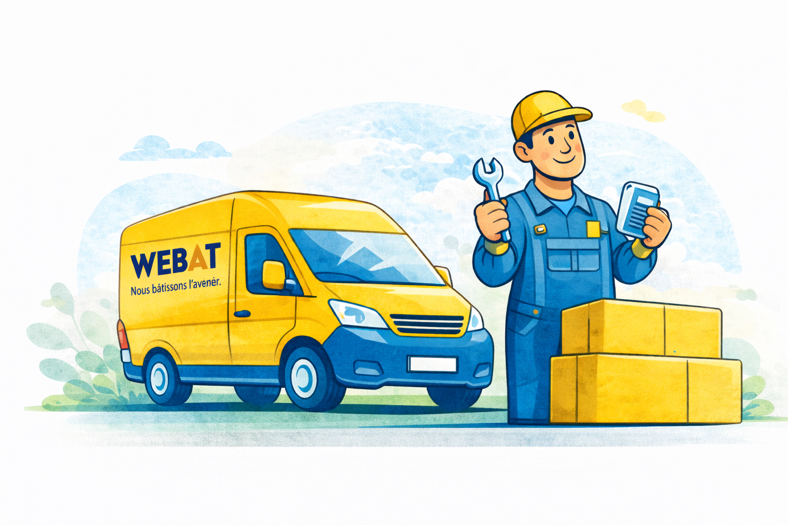 Illustration d'un technicien de maintenance debout à côté de piles de cartons, portant une combinaison bleue et un casque jaune, tenant une clé à molette dans une main et une tablette dans l'autre, avec un véhicule de livraison jaune à côté. Le véhicule porte l'inscription 'WEBAT' et le slogan 'Nous bâtissons l'avenir'.