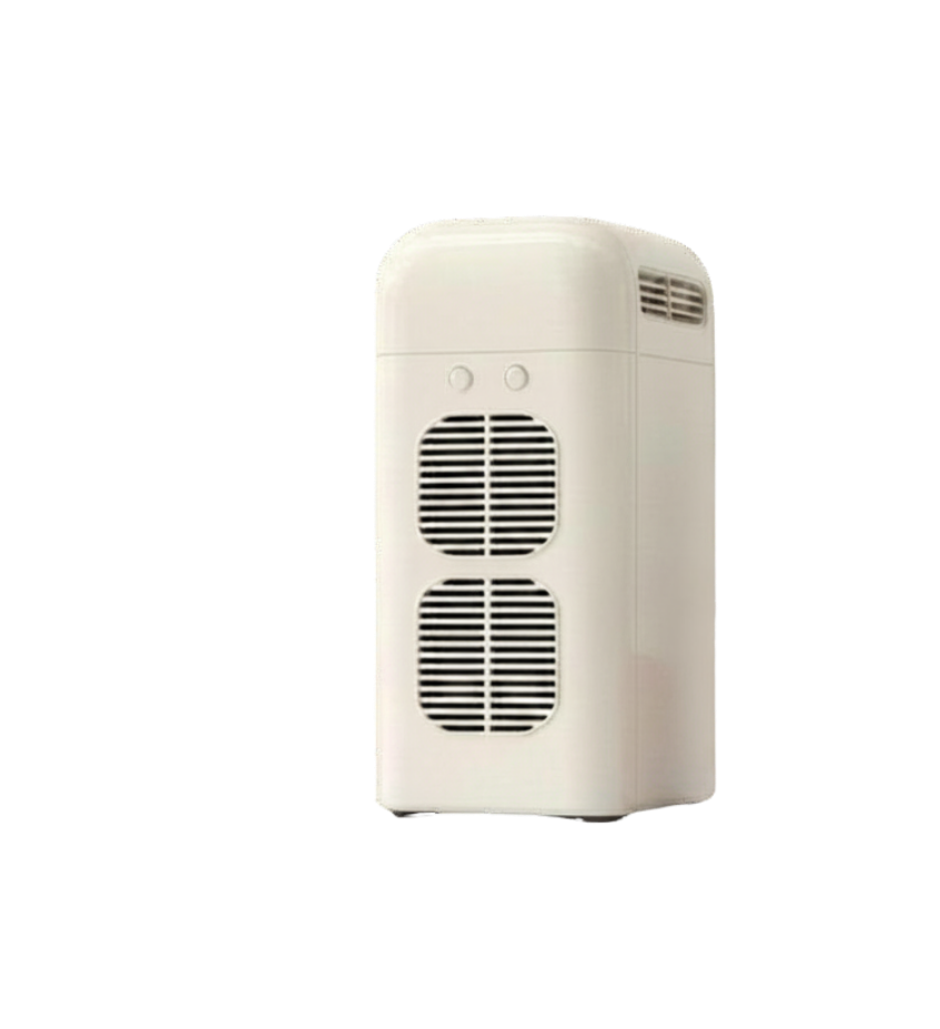 Climatiseur portable blanc avec grille de ventilation sur le devant et sur le côté.