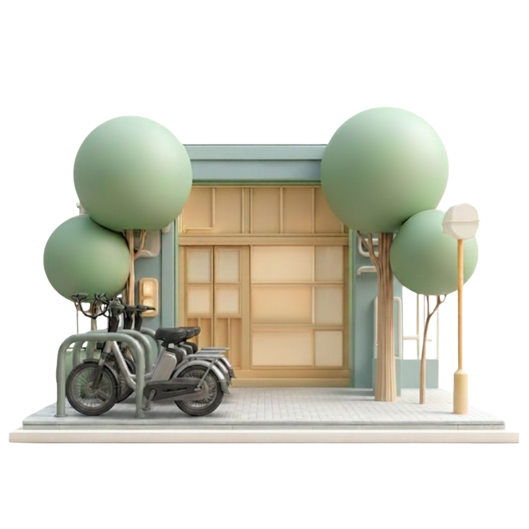 Modèle représentant une scène de rue avec deux arbres stylisés à feuilles rondes, deux vélos stationnés, un panneau d'information, et un bâtiment en arrière-plan.