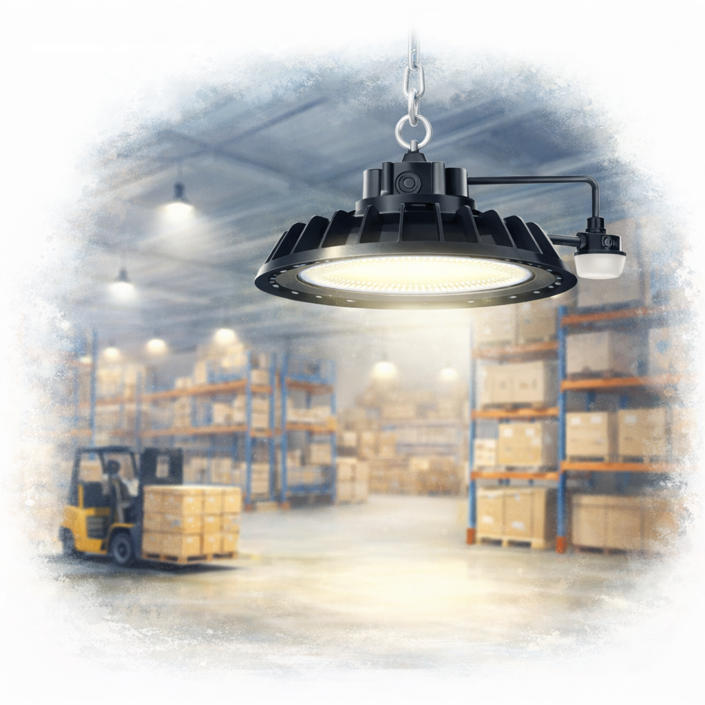 Luminaires LED suspendus dans un entrepôt stockant des palettes de marchandises.