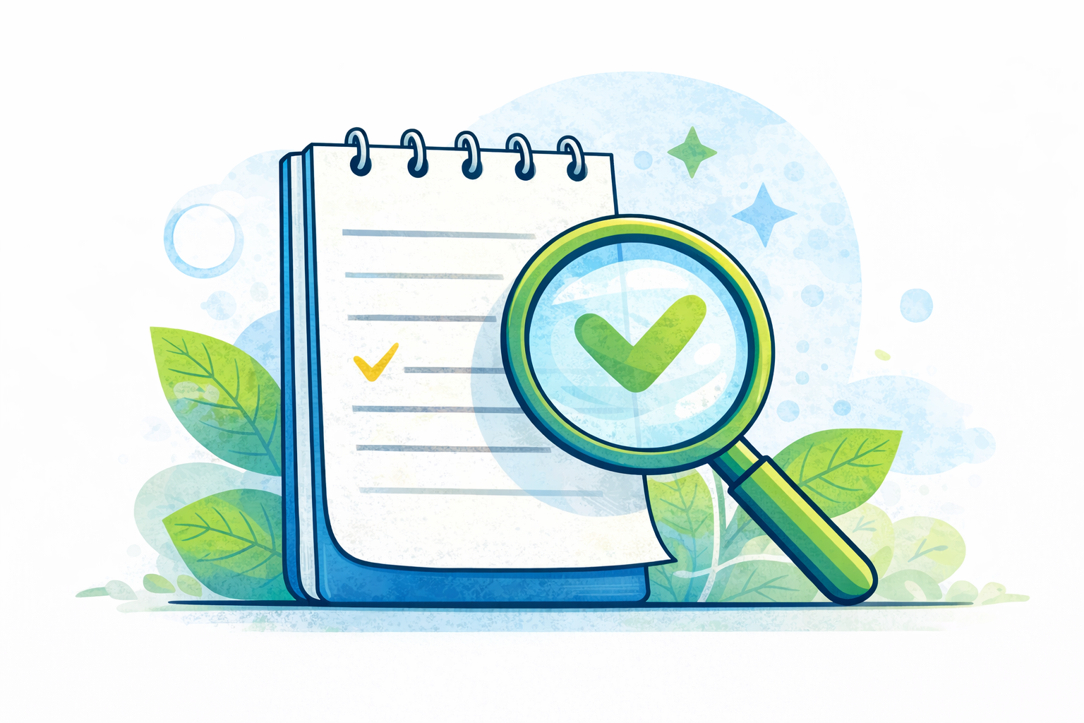 Une illustration représentant un carnet de notes avec une coche jaune, une loupe avec une coche verte à l'intérieur, des feuilles vertes et des étoiles bleues et vertes en arrière-plan.