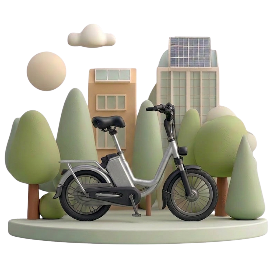 Miniaturisation d'un vélo électrique dans un décor stylisé avec arbres en forme de cône, un nuage, et bâtiments avec panneaux solaires.