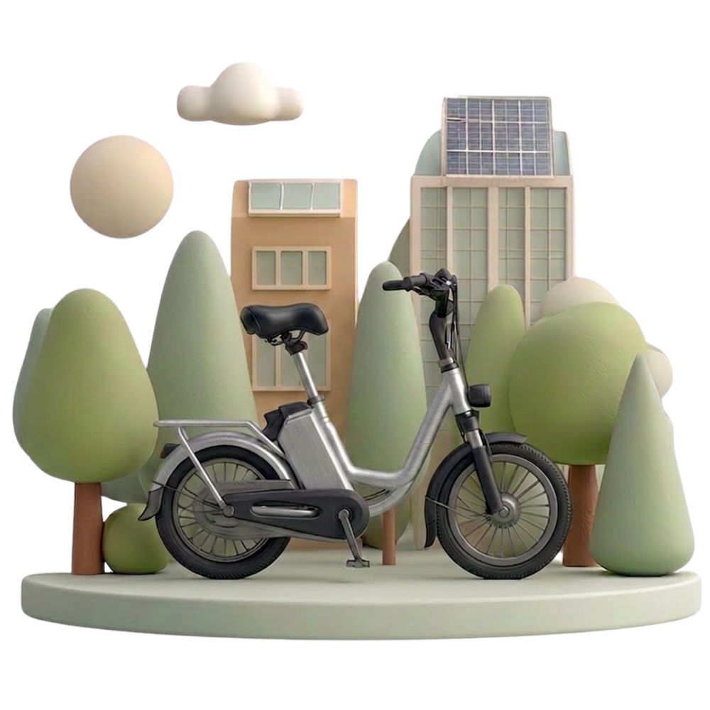 Vélo électrique miniature dans un décor d'arbres coniques et de bâtiments à panneaux solaires.