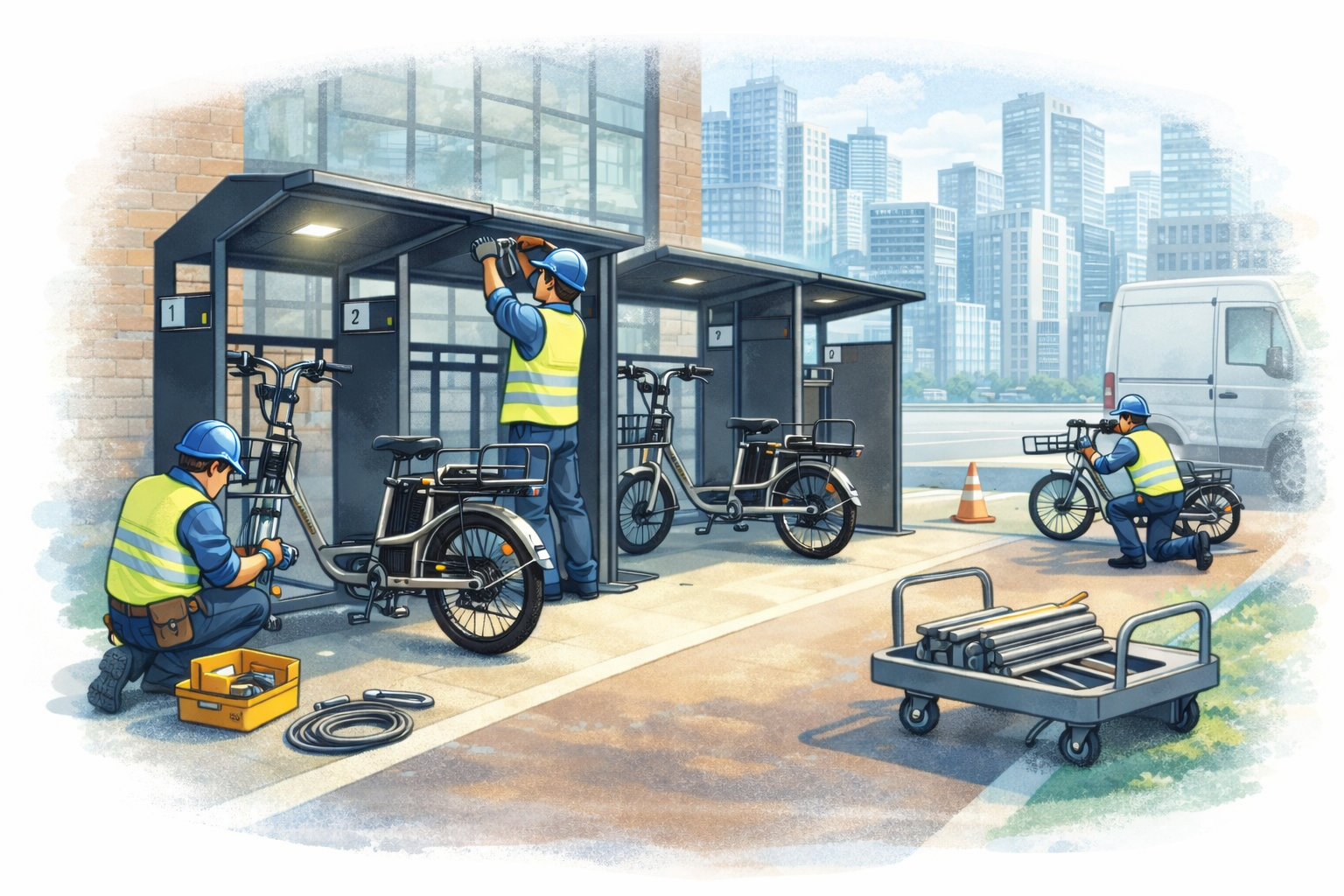 Des techniciens en sécurité vérifient et réparent des vélos électriques dans une station de vélo en milieu urbain, avec des immeubles de grande hauteur en arrière-plan.