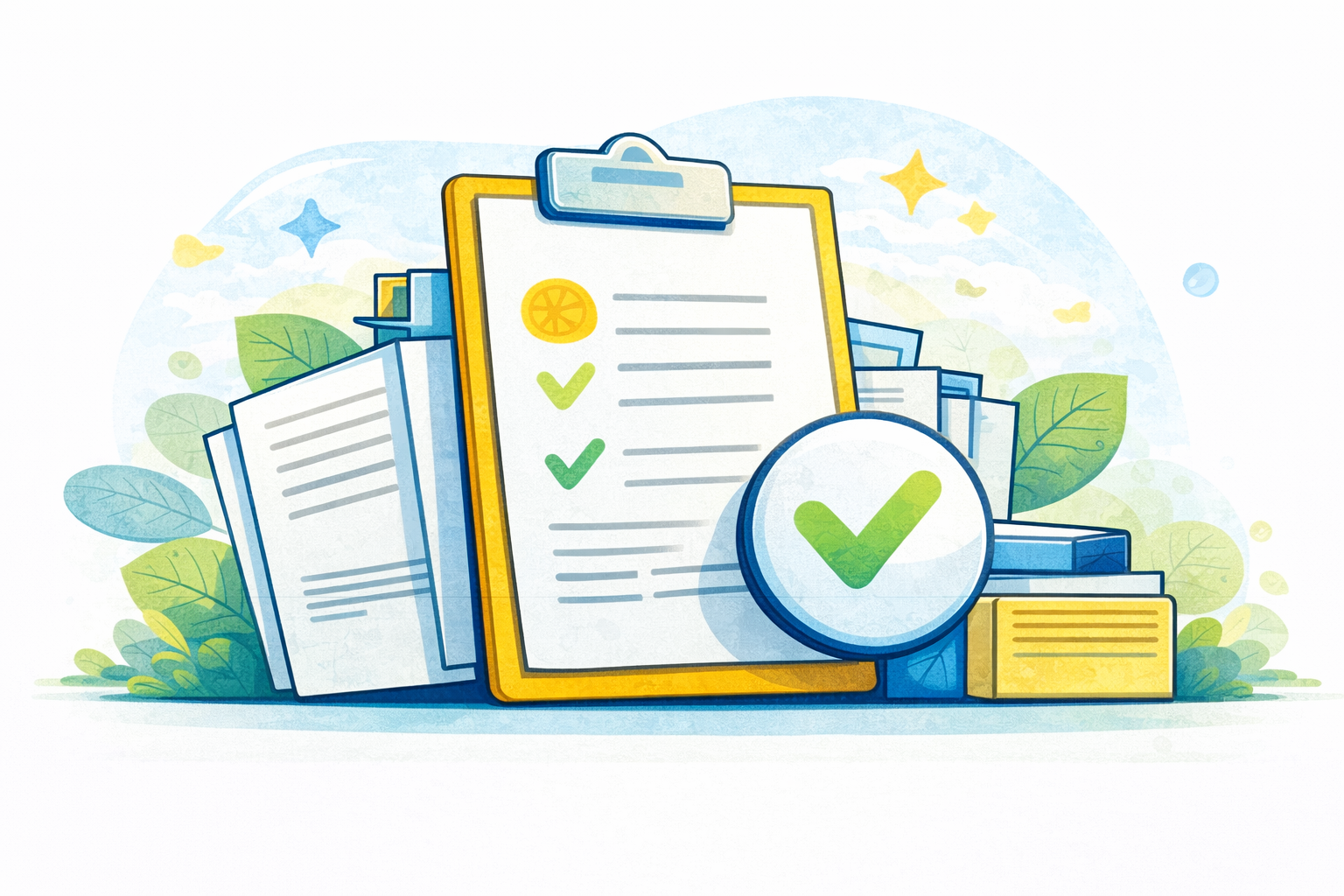Illustration d'une liste de contrôle avec des cases cochées, une loupe avec une coche, des dossiers et des feuilles, entourés de feuilles vertes et d'un ciel avec des étoiles et des nuages.