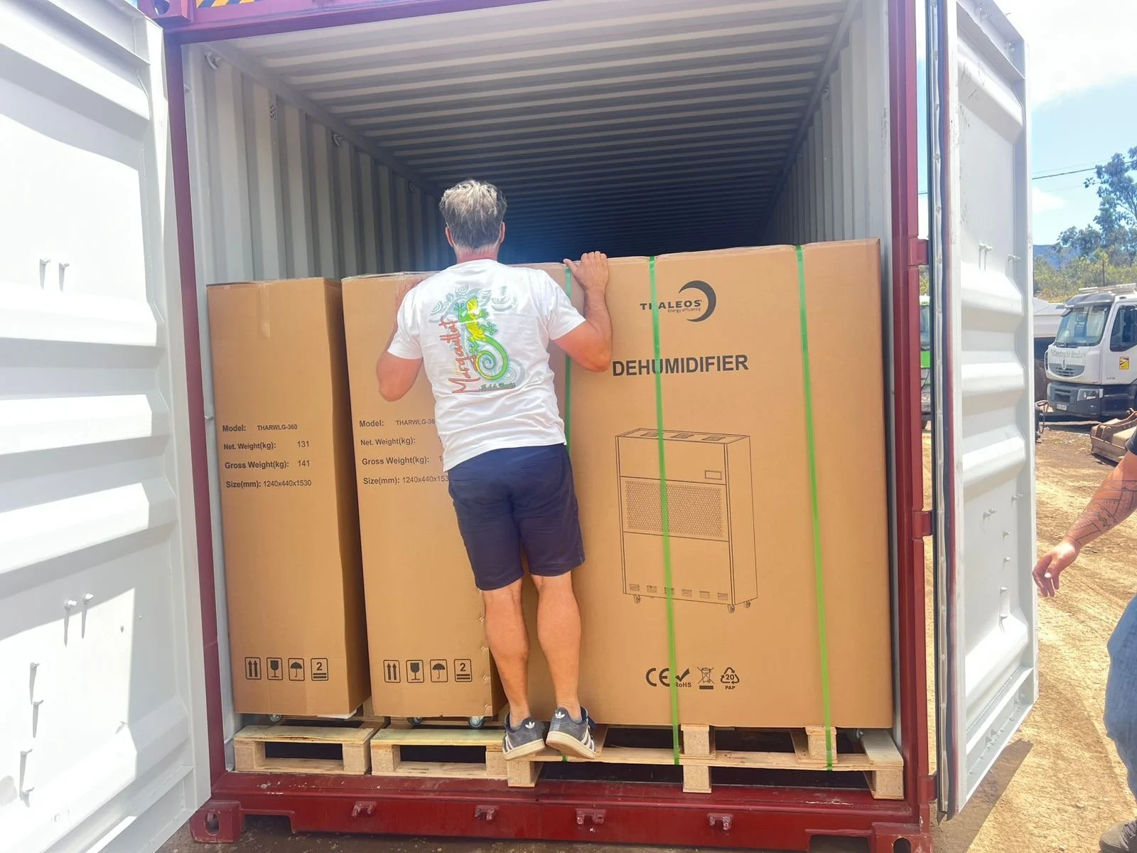 Un homme se tient à l'intérieur d'un conteneur, plaçant des cartons de gros appareils électroménagers, notamment un déshumidificateur, sur des palettes pour le transport.