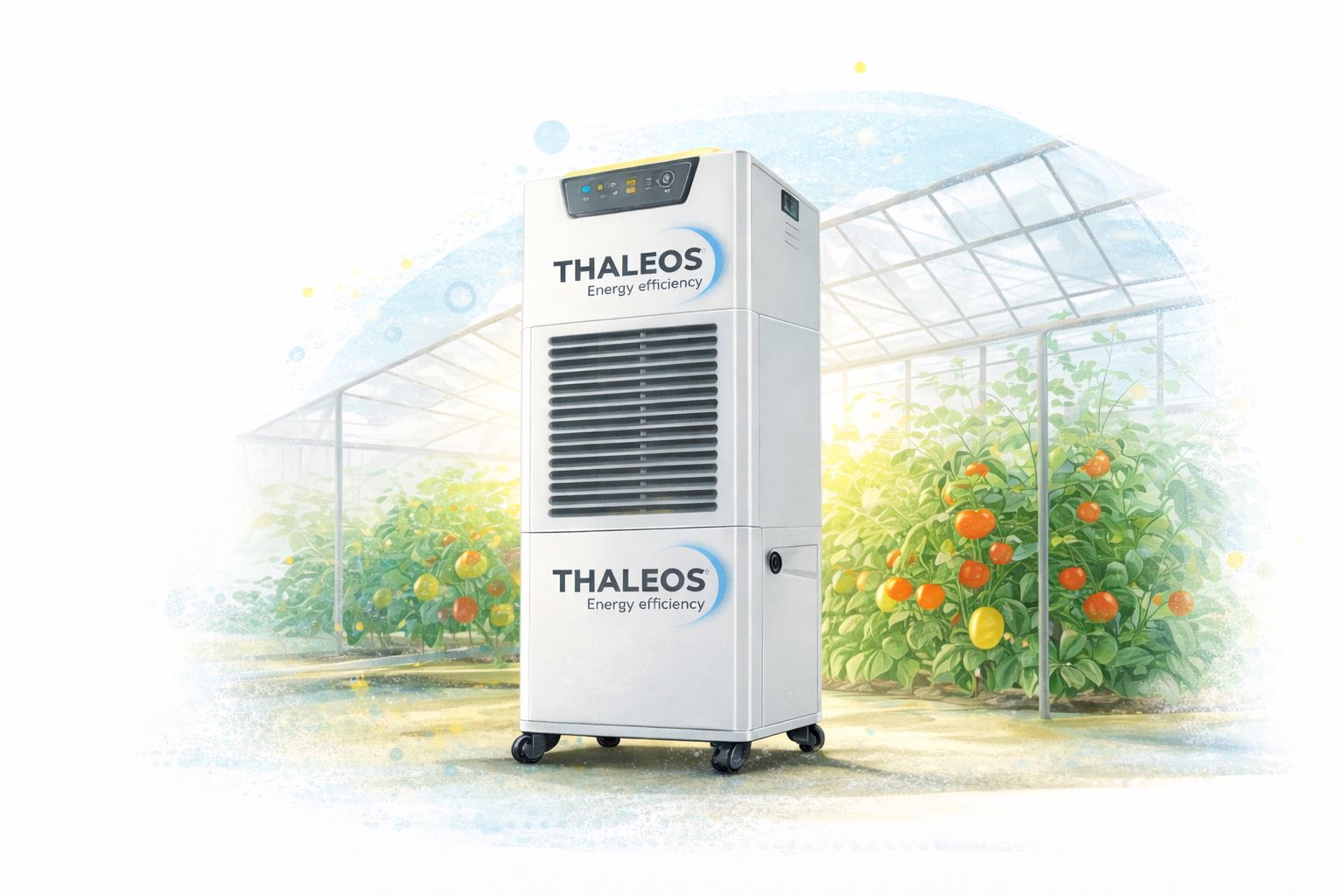 Illustration d'un déshumidificateur d'aire dans une serre agricole.