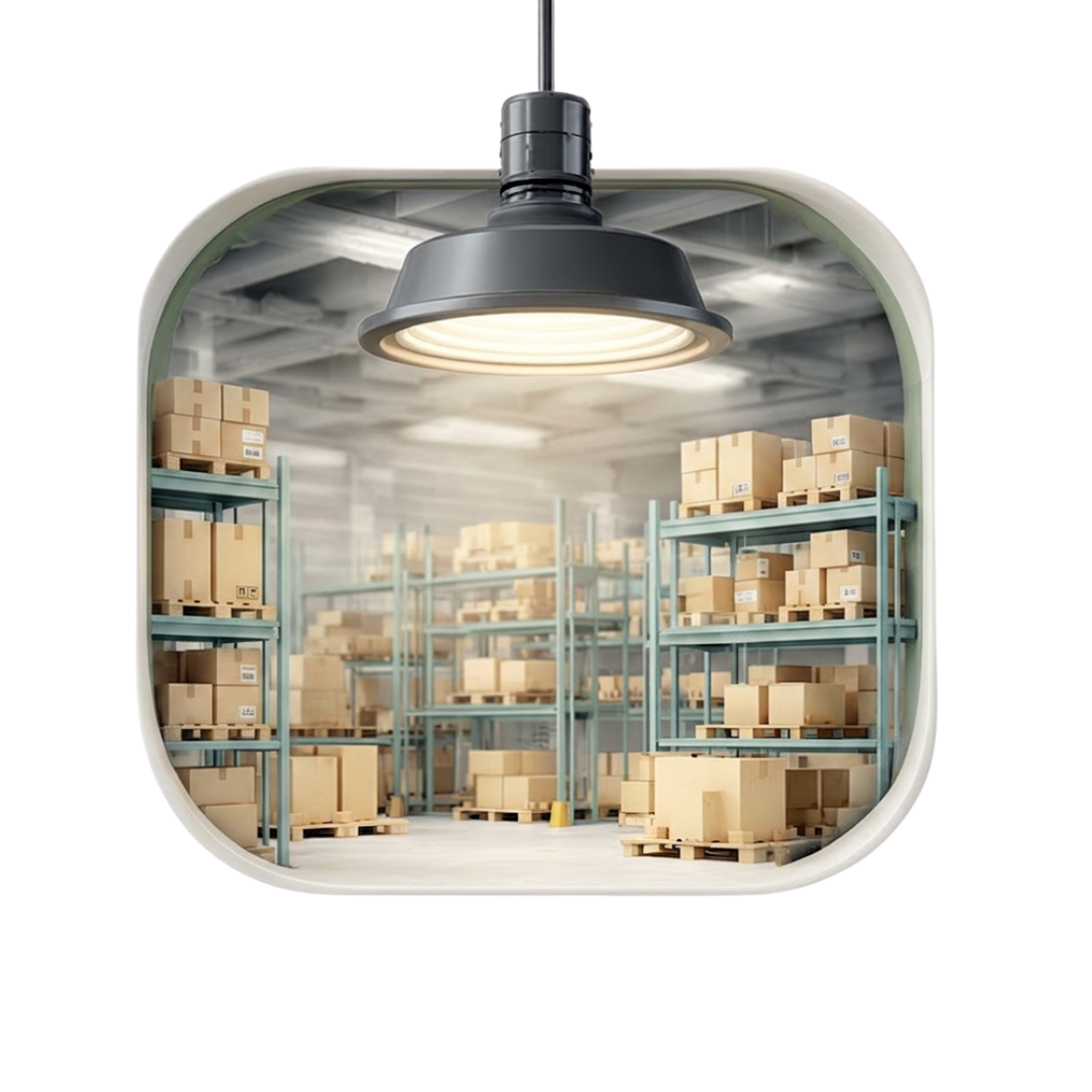 Intérieur d'un entrepôt avec des étagères en métal contenant des cartons sur des palettes, éclairé par un plafond lumineux.