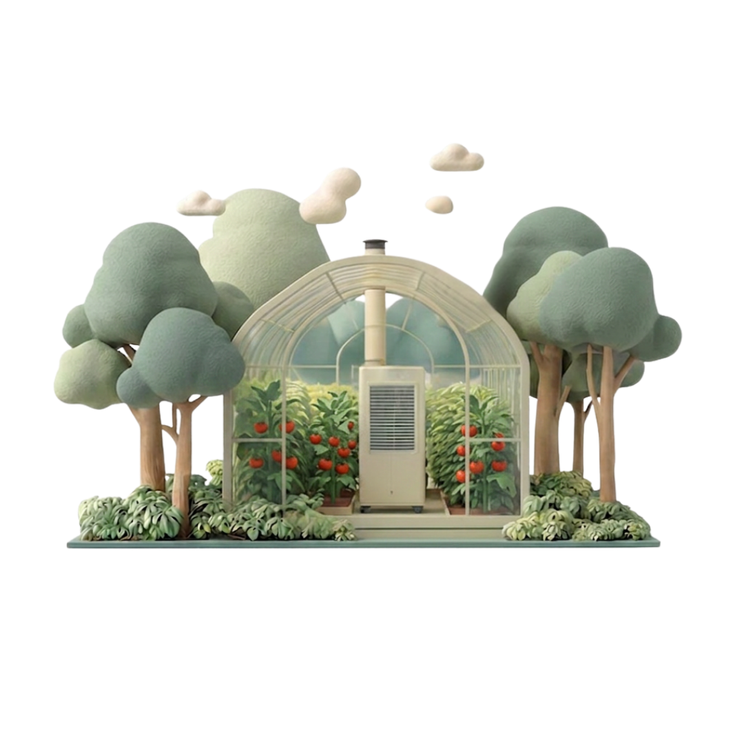 Serre maraîchère contenant des plants de tomates, entourée d'arbres et de nuages.