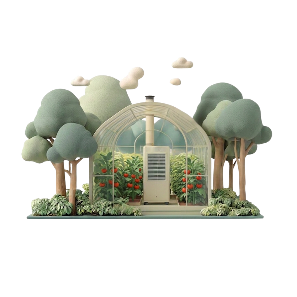 Serre maraîchère avec plants de tomates, entourée d'arbres et de nuages.