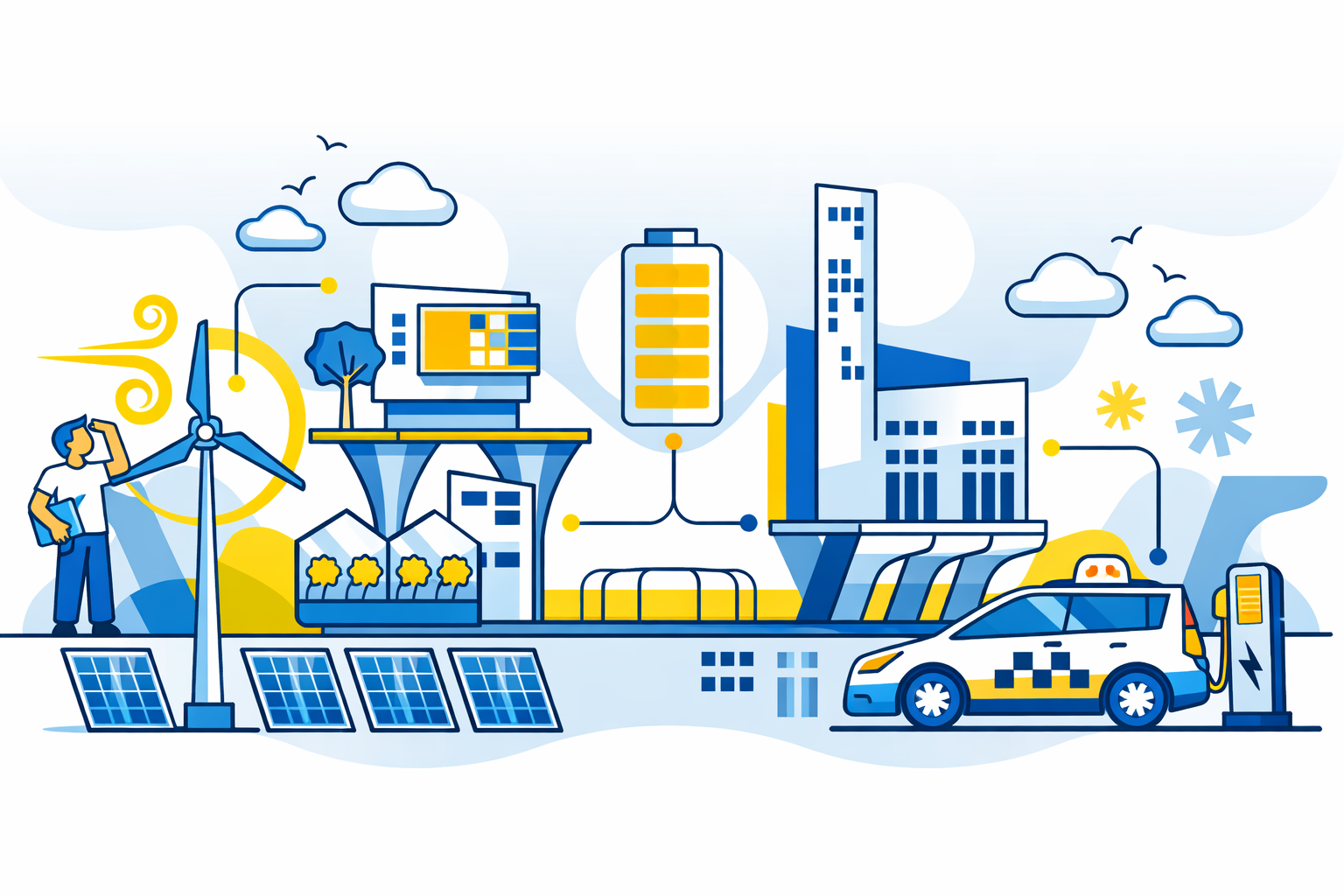 Illustration d'une ville éco-responsable avec panneaux solaires, éolienne, bâtiments modernes, arbres, et une voiture électrique en charge.