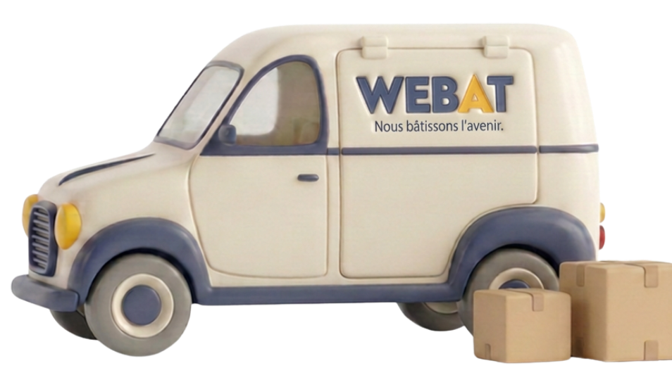 Une camionnette de livraison avec le logo WEBAT et le slogan 'Nous bâtissons l'avenir', accompagnée de deux cartons.