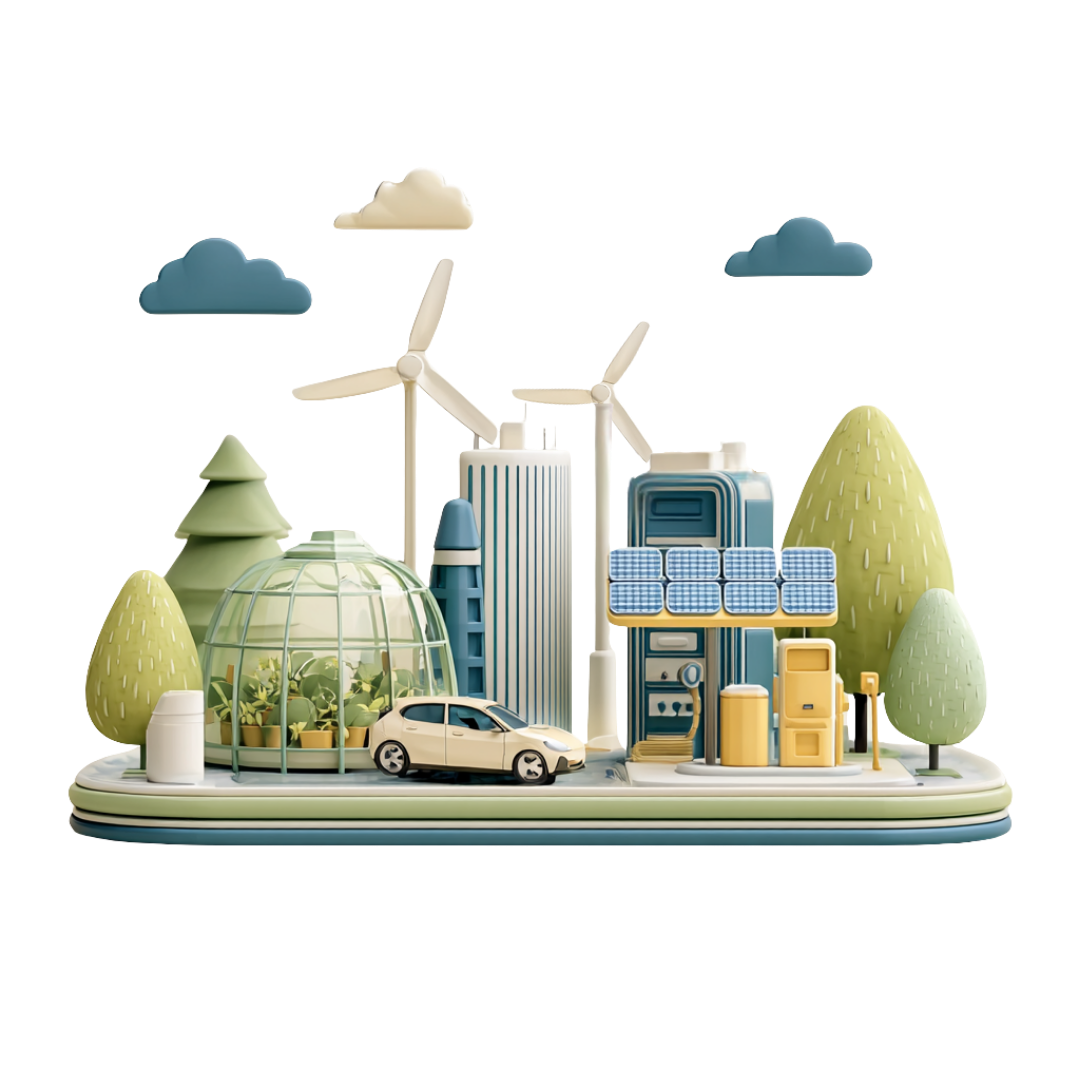Représentation stylisée d'une ville écologique avec éoliennes, panneaux solaires, centrale hydroélectrique, serre, voiture électrique, arbres et environnement durable.