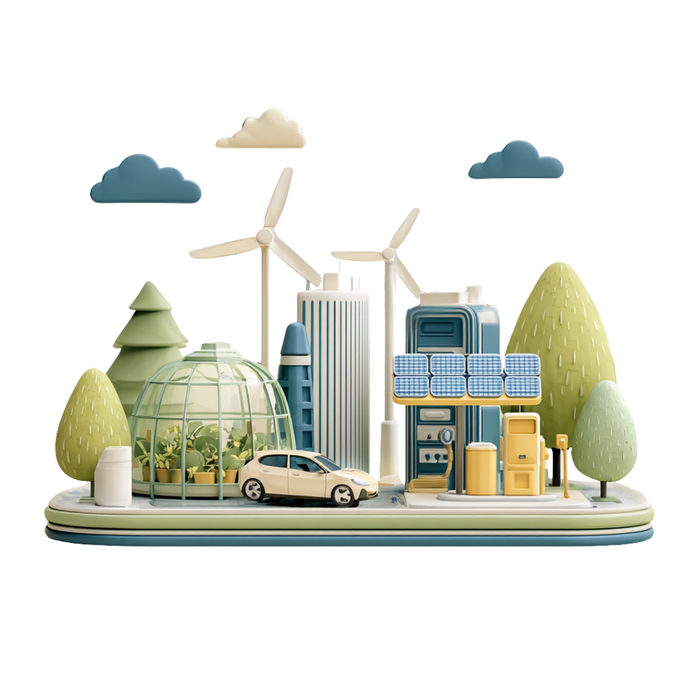 Ville écologique stylisée : éoliennes, panneaux solaires, centrale hydroélectrique, serre, voiture électrique et arbres.