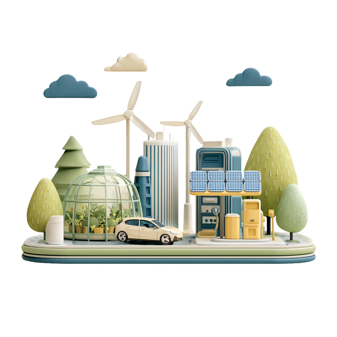 Ville écologique stylisée : éoliennes, panneaux solaires, centrale hydroélectrique, serre, voiture électrique et arbres.