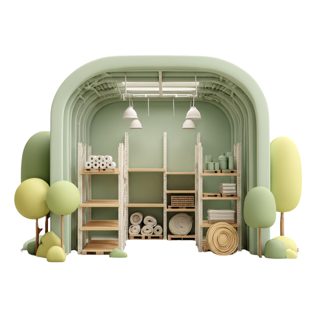 Espace de stockage avec étagères contenant des rouleaux de papier, des bouteilles, et des tissus, entouré d'arbres stylisés en décoration.